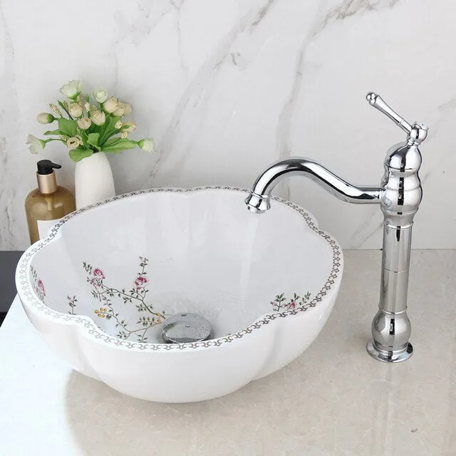 Art Basin Set Spring Blossoms Design Washbasin Bathroom Sink Set