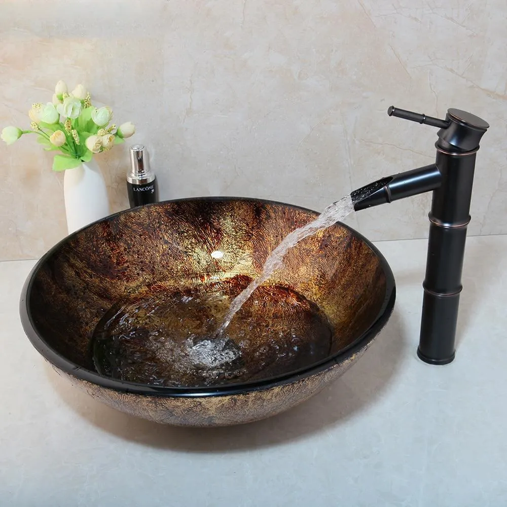 Bamboo Waterfall Mixer Tap Faucet Vessel Sink Faucet Glass Set Basin