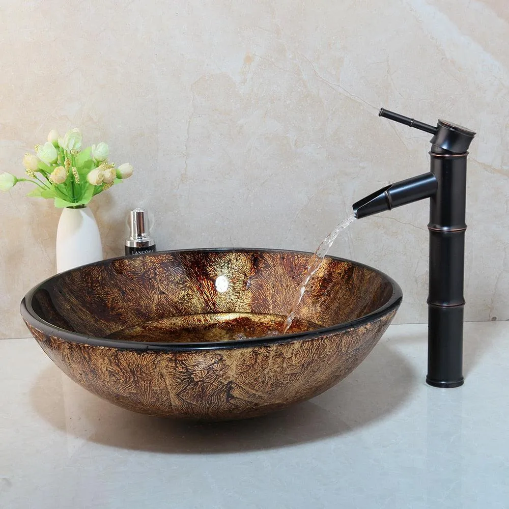 Bamboo Waterfall Mixer Tap Faucet Vessel Sink Faucet Glass Set Basin