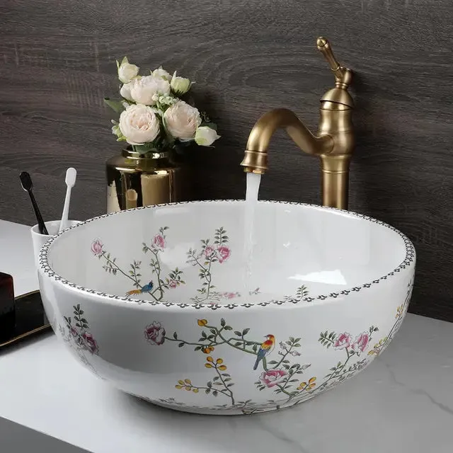 Bathroom Sinks Set Flower and Bird Painting Circular Ceramics Basin