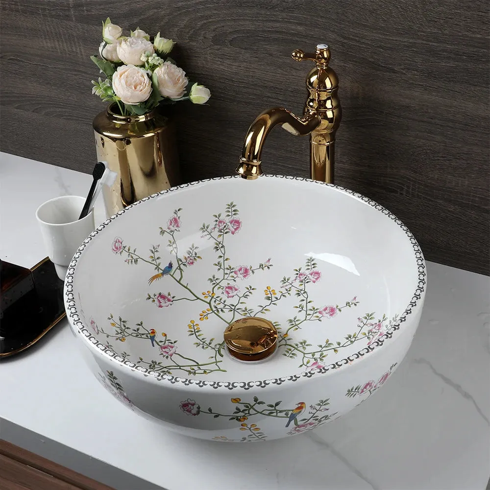 Bathroom Sinks Set Flower and Bird Painting Circular Ceramics Basin