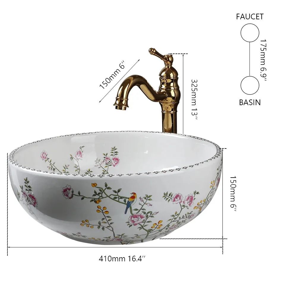 Bathroom Sinks Set Flower and Bird Painting Circular Ceramics Basin