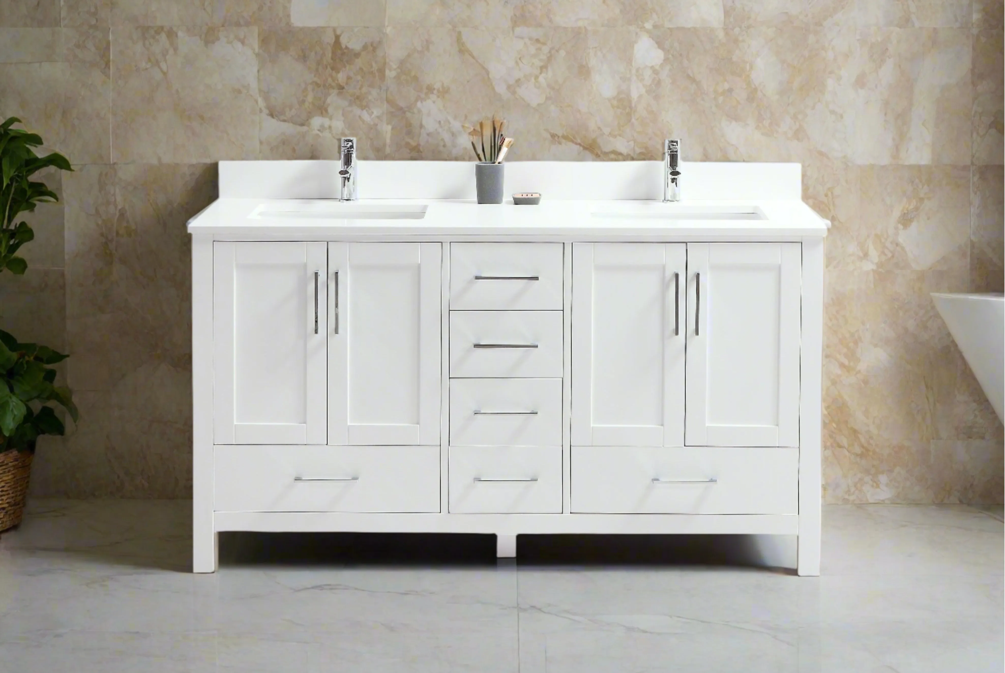 CCS201 - 60" White, Double Sink, Floor Standing Modern Bathroom Vanity,White Quartz Countertop