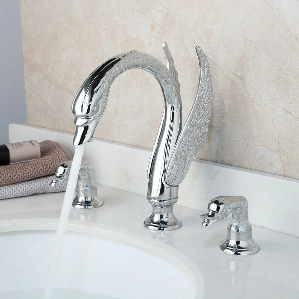 Deck Mount Swan Shape Bathroom 3 Holes Basin Sink Faucet Washbasin