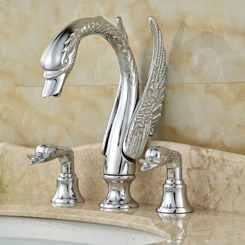 Deck Mount Swan Shape Bathroom 3 Holes Basin Sink Faucet Washbasin