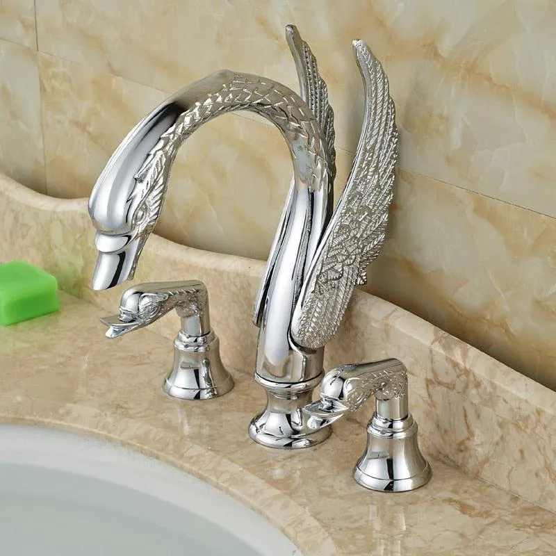 Deck Mount Swan Shape Bathroom 3 Holes Basin Sink Faucet Washbasin