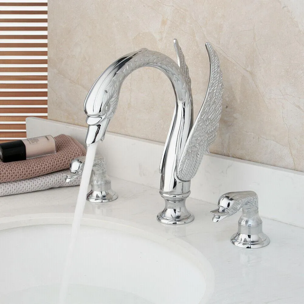 Deck Mount Swan Shape Bathroom 3 Holes Basin Sink Faucet Washbasin