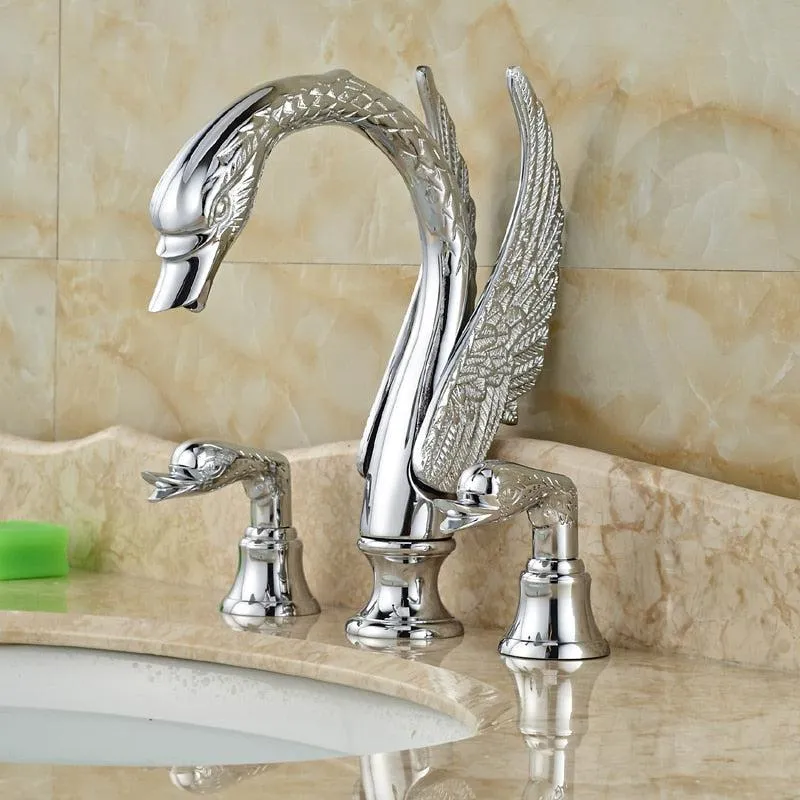 Deck Mount Swan Shape Bathroom 3 Holes Basin Sink Faucet Washbasin