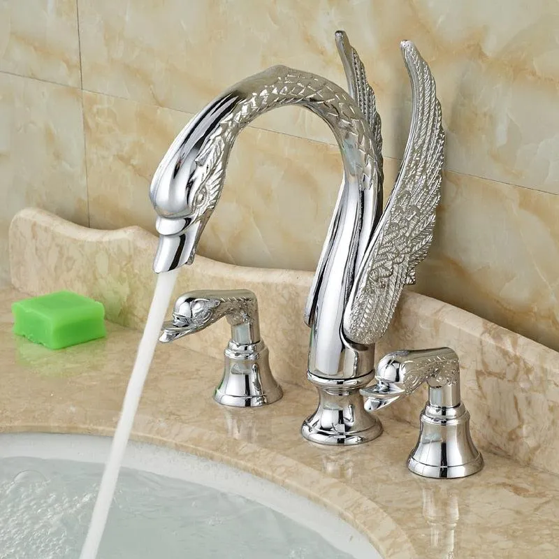 Deck Mount Swan Shape Bathroom 3 Holes Basin Sink Faucet Washbasin