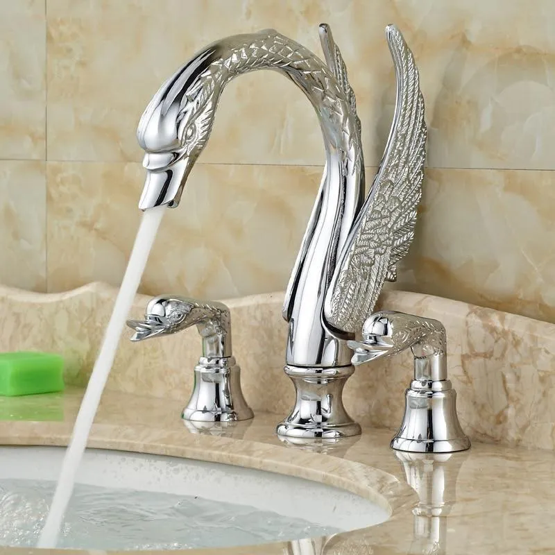 Deck Mount Swan Shape Bathroom 3 Holes Basin Sink Faucet Washbasin