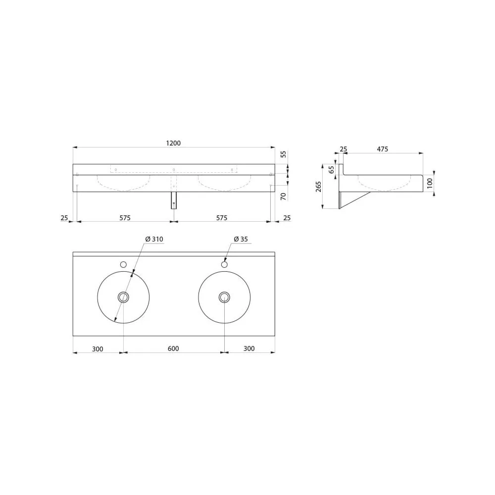 DUPLO RP Stainless Steel Wall-Mounted Multiple Washbasin and Splaashback with 2 x Ø35mm tap holes L.1200mm 121390