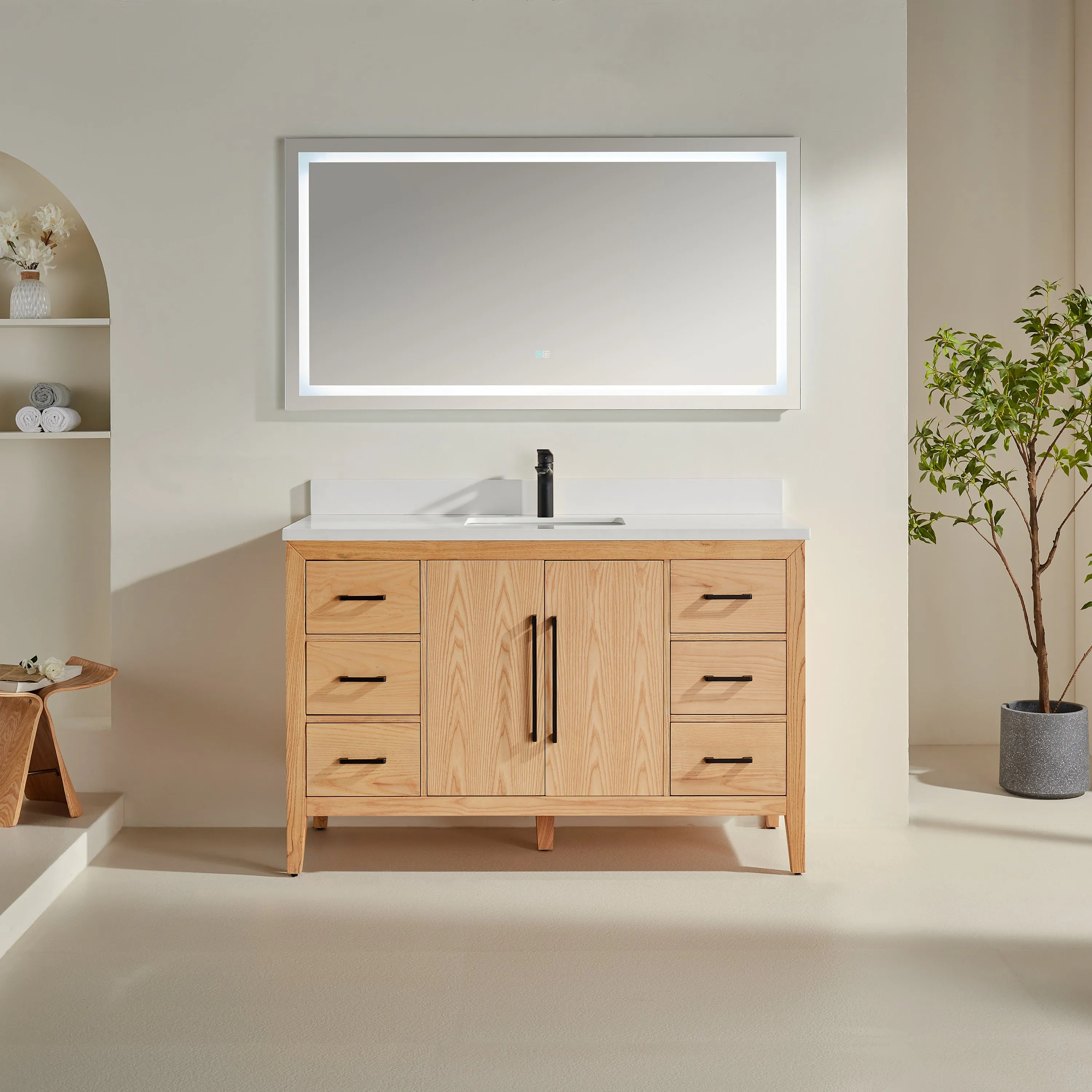 Lily - 54", White Oak , Floor Standing Modern Bathroom Vanity, White Quartz Countertop, Matt Black Hardware