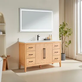 Lily - 54", White Oak , Floor Standing Modern Bathroom Vanity, White Quartz Countertop, Matt Black Hardware