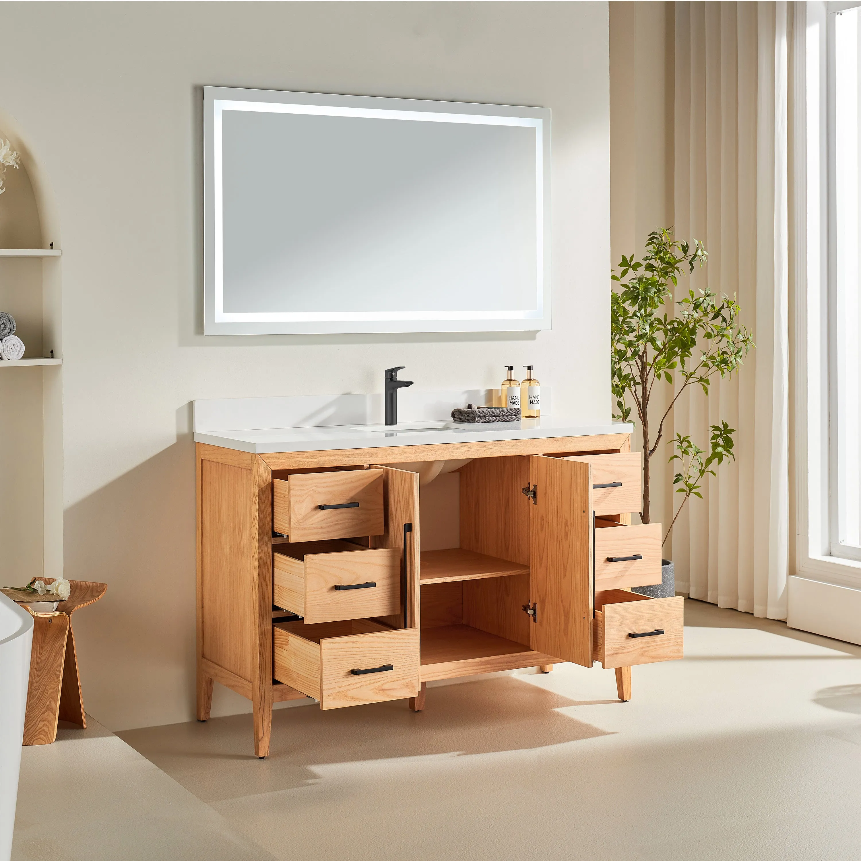 Lily - 54", White Oak , Floor Standing Modern Bathroom Vanity, White Quartz Countertop, Matt Black Hardware