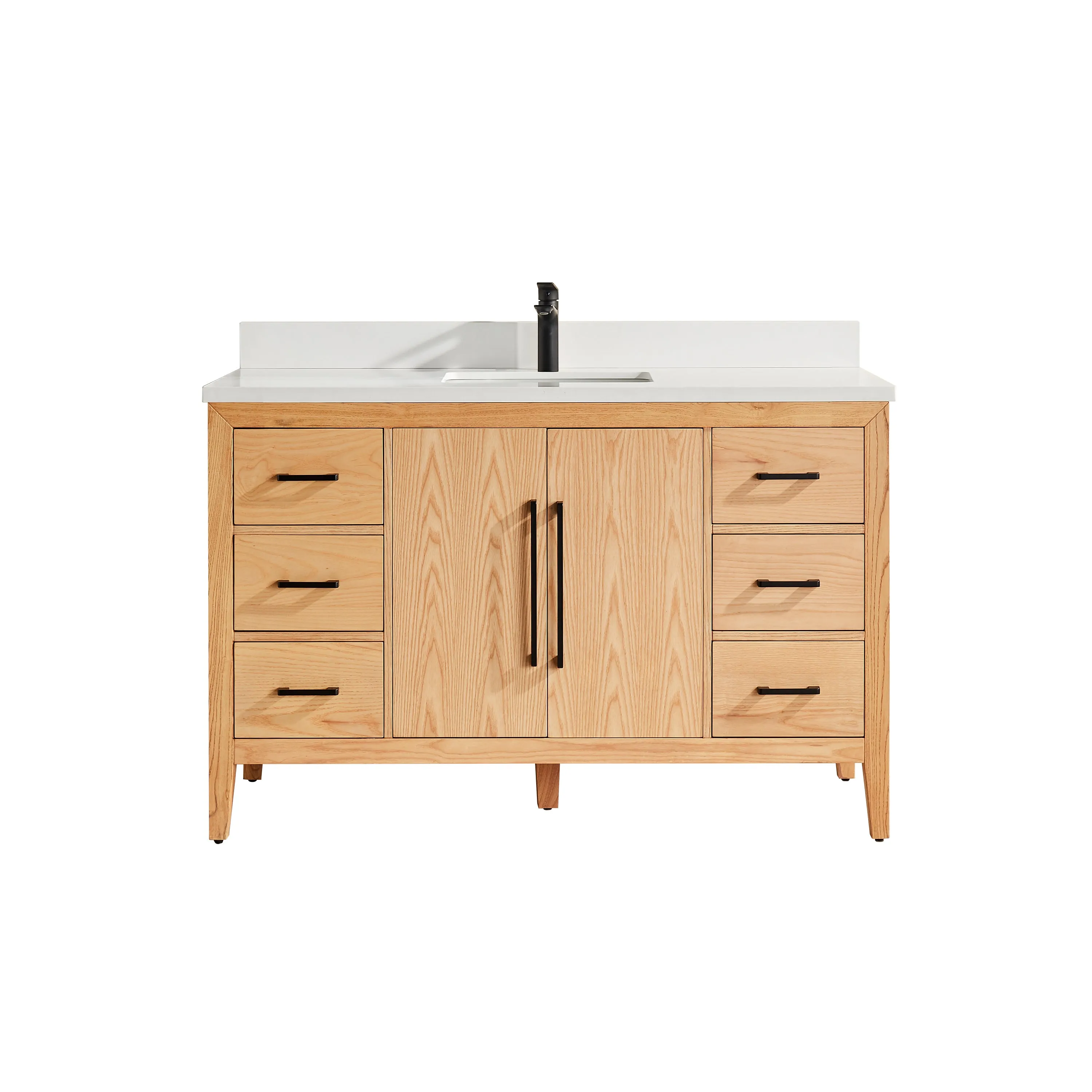 Lily - 54", White Oak , Floor Standing Modern Bathroom Vanity, White Quartz Countertop, Matt Black Hardware