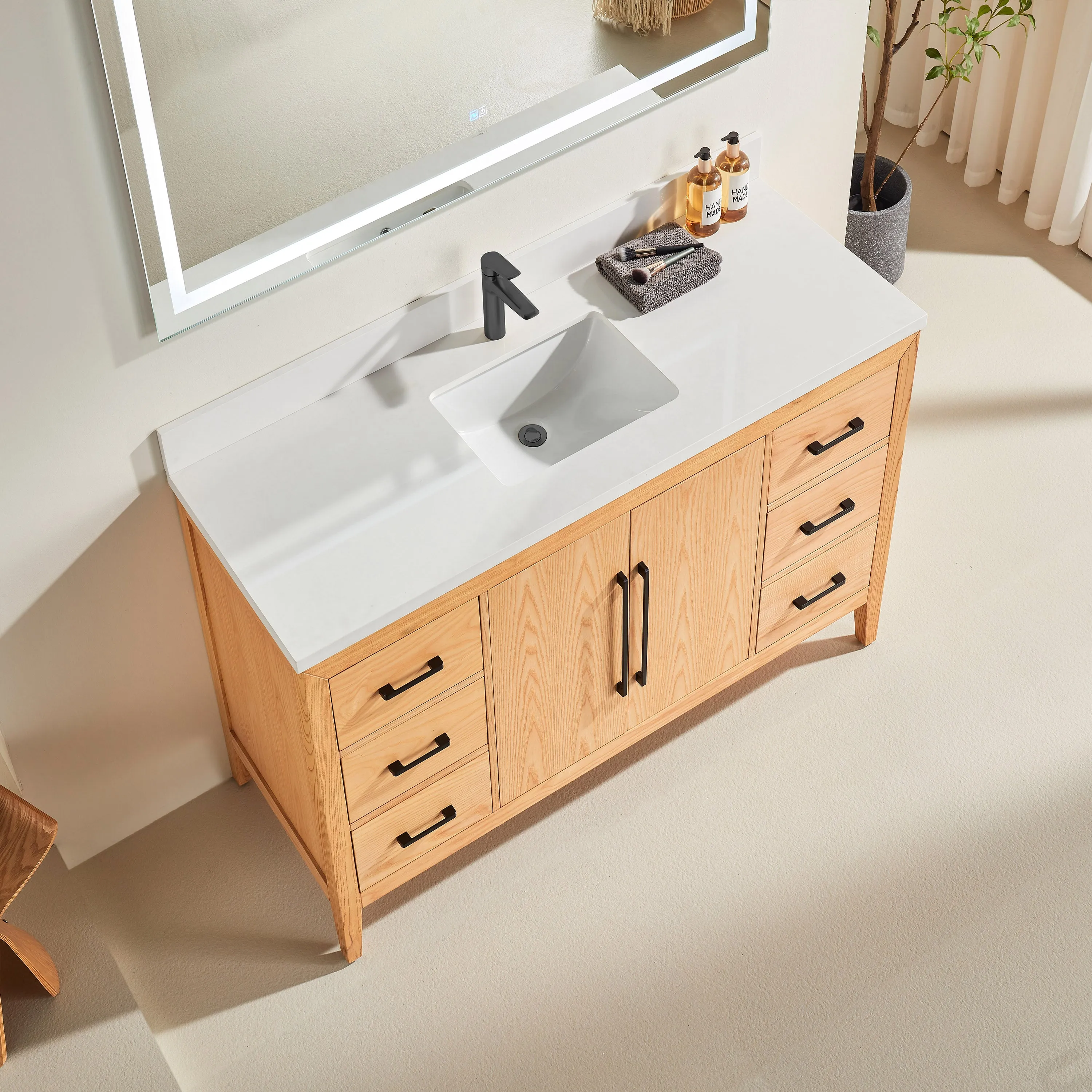 Lily - 54", White Oak , Floor Standing Modern Bathroom Vanity, White Quartz Countertop, Matt Black Hardware