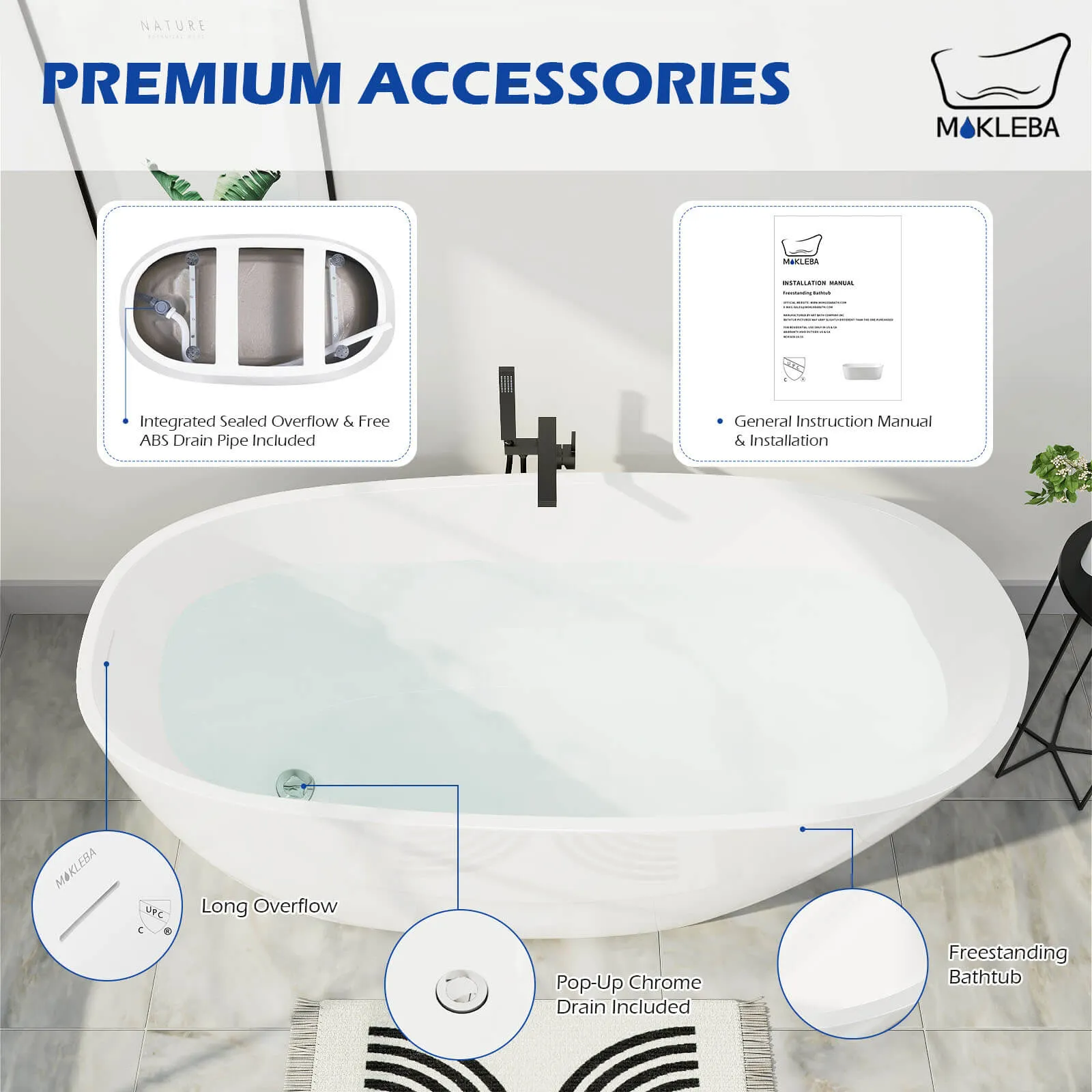 Mokleba 63" Acrylic End Drain Freestanding Tub with Pop-up Drain