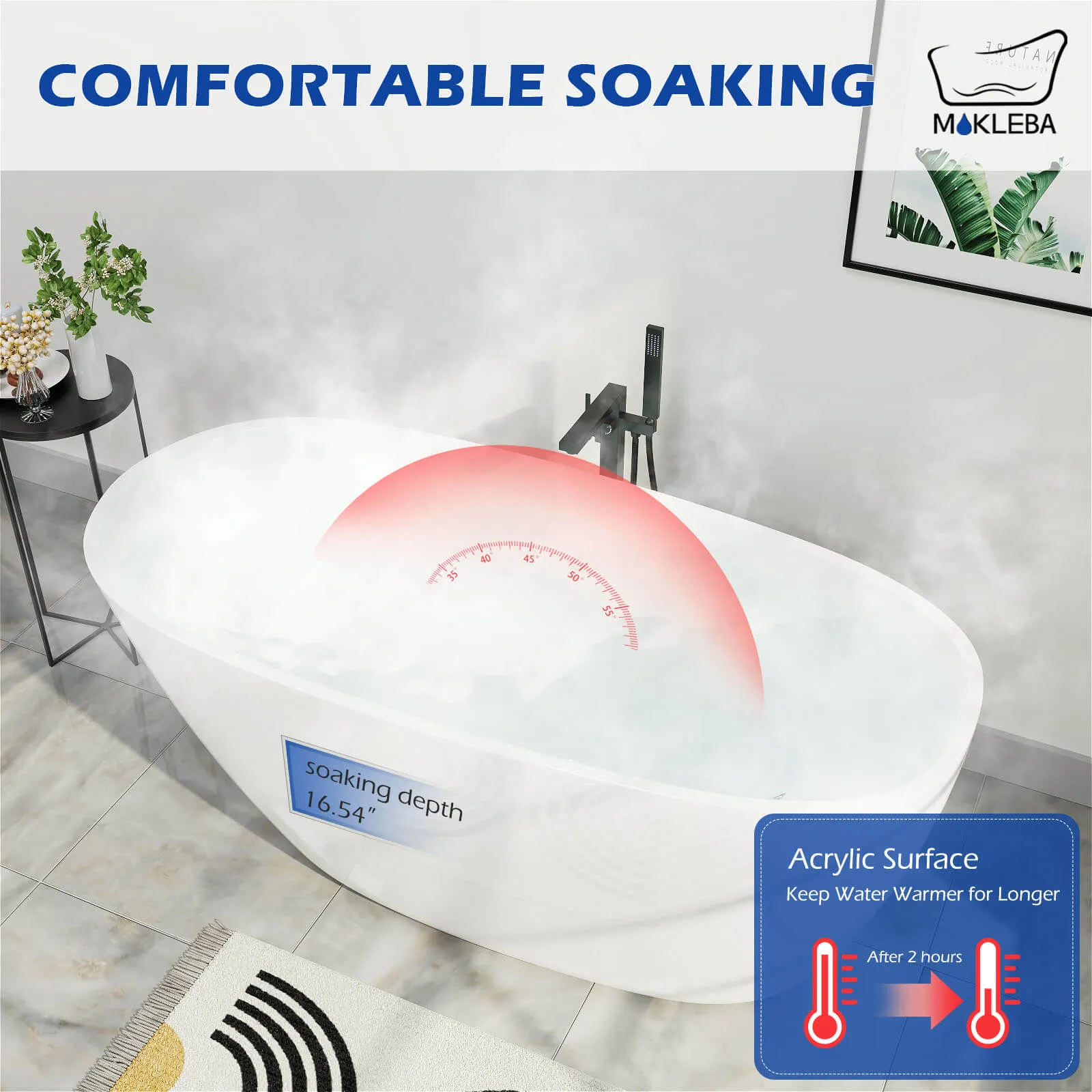 Mokleba 63" Acrylic End Drain Freestanding Tub with Pop-up Drain