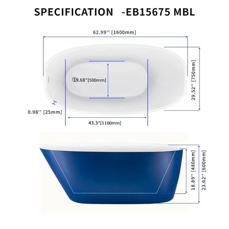 Mokleba 63" Acrylic End Drain Freestanding Tub with Pop-up Drain