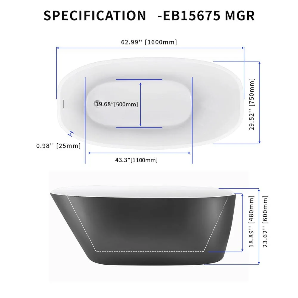 Mokleba 63" Acrylic End Drain Freestanding Tub with Pop-up Drain