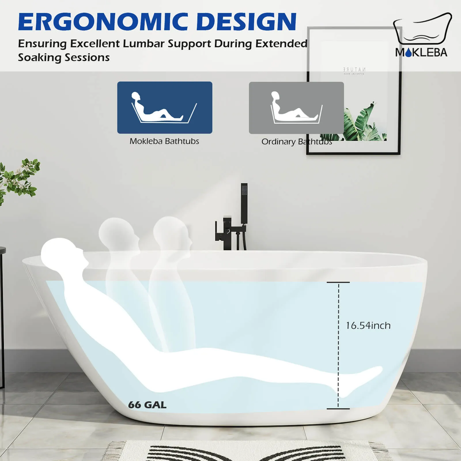 Mokleba 63" Acrylic End Drain Freestanding Tub with Pop-up Drain