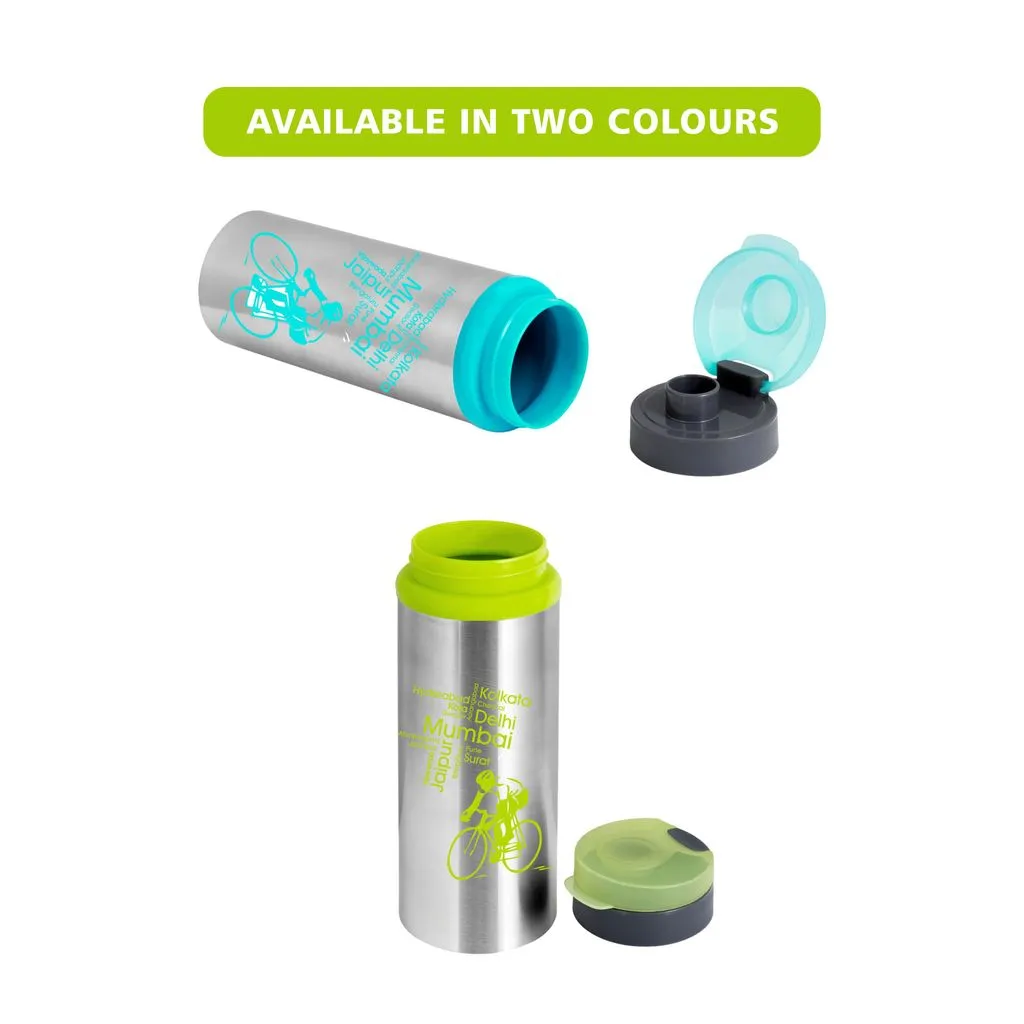 NanoNine Sprint (2 Bottles), Assorted Color Single Wall Flip Top Stainless Steel Water Bottle.