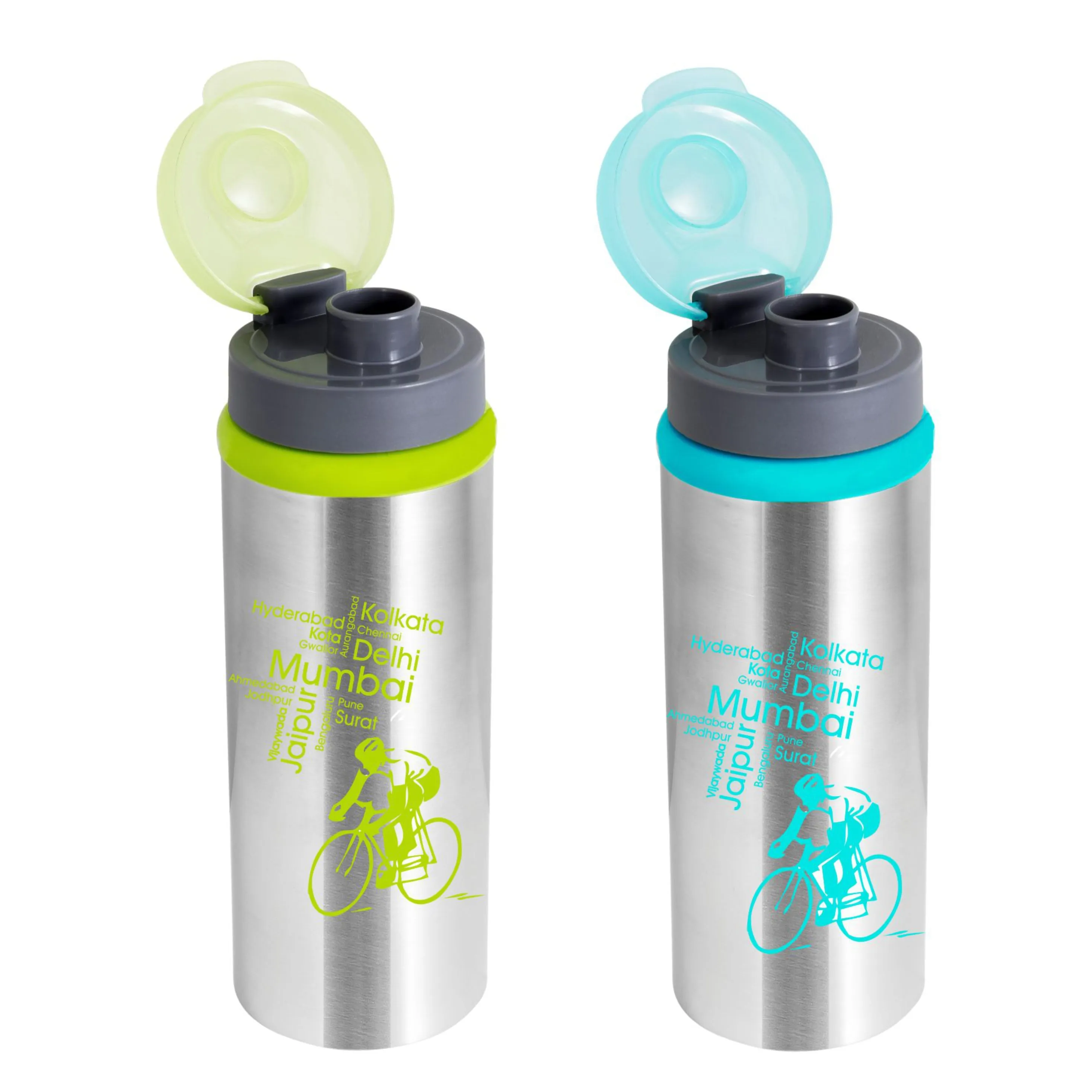 NanoNine Sprint (2 Bottles), Assorted Color Single Wall Flip Top Stainless Steel Water Bottle.