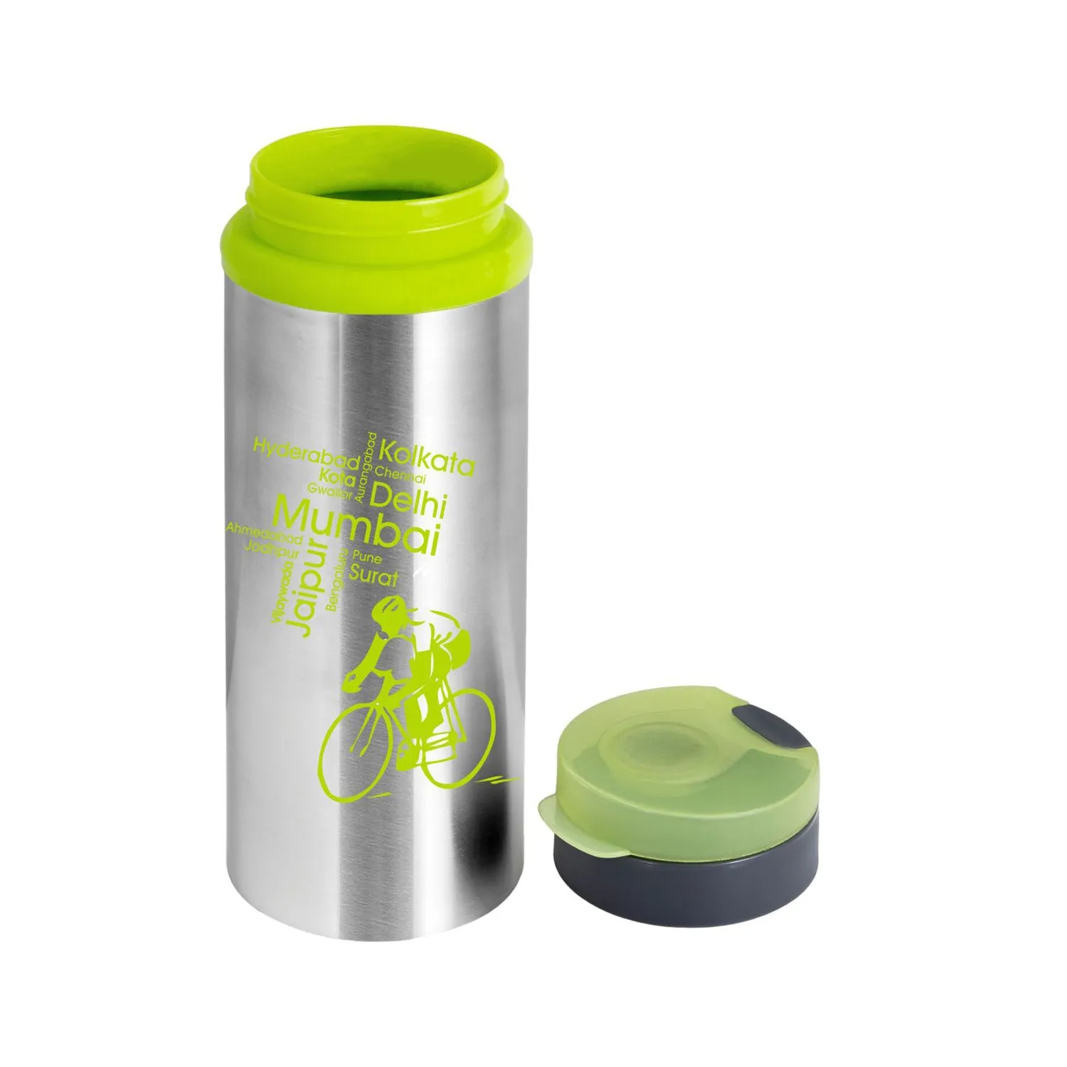 NanoNine Sprint Green Single Wall Flip Top Stainless Steel Water Bottle.