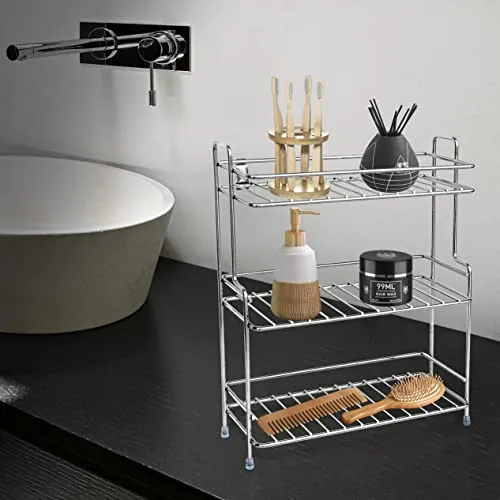 Plantex Stainless Steel Shelf - Multipurpose & Stackable Rack Organizer for Bathroom & Kitchen/Bathroom Accessories (Chrome-Silver) , Set of 1