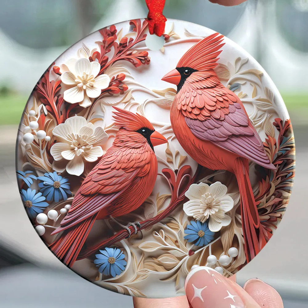 Teesdily | Christmas Cardinal Bird 2D Flat Ceramic Ornament, Couple Cardinal Bird Snowy Flower Christmas Gift, Xmas Ornament