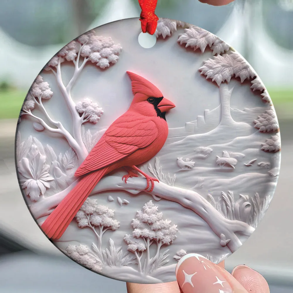 Teesdily | Christmas Cardinal Bird 2D Flat Ceramic Ornament, Couple Cardinal Bird Snowy Flower Christmas Gift, Xmas Ornament