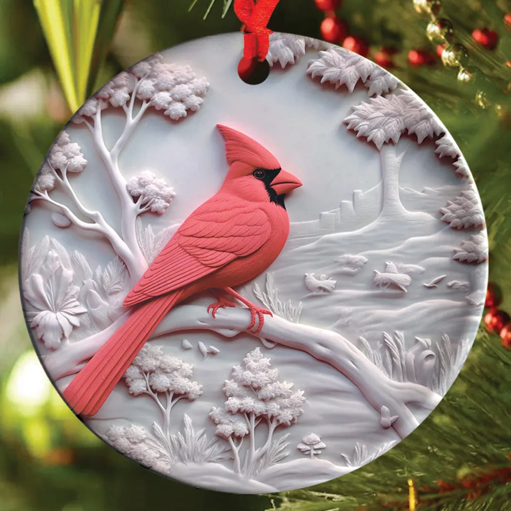 Teesdily | Christmas Cardinal Bird 2D Flat Ceramic Ornament, Couple Cardinal Bird Snowy Flower Christmas Gift, Xmas Ornament