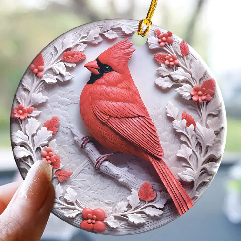 Teesdily | Christmas Cardinal Bird 2D Flat Ceramic Ornament, Couple Cardinal Bird Snowy Flower Christmas Gift, Xmas Ornament