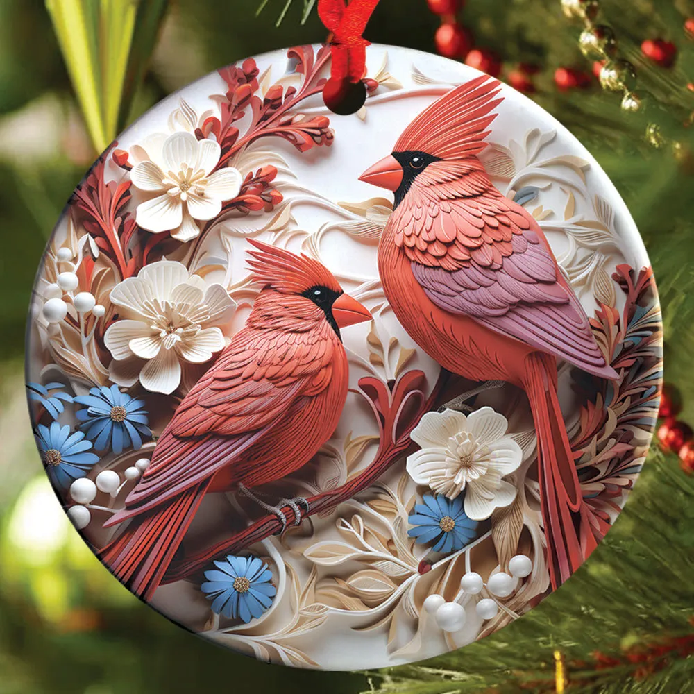 Teesdily | Christmas Cardinal Bird 2D Flat Ceramic Ornament, Couple Cardinal Bird Snowy Flower Christmas Gift, Xmas Ornament