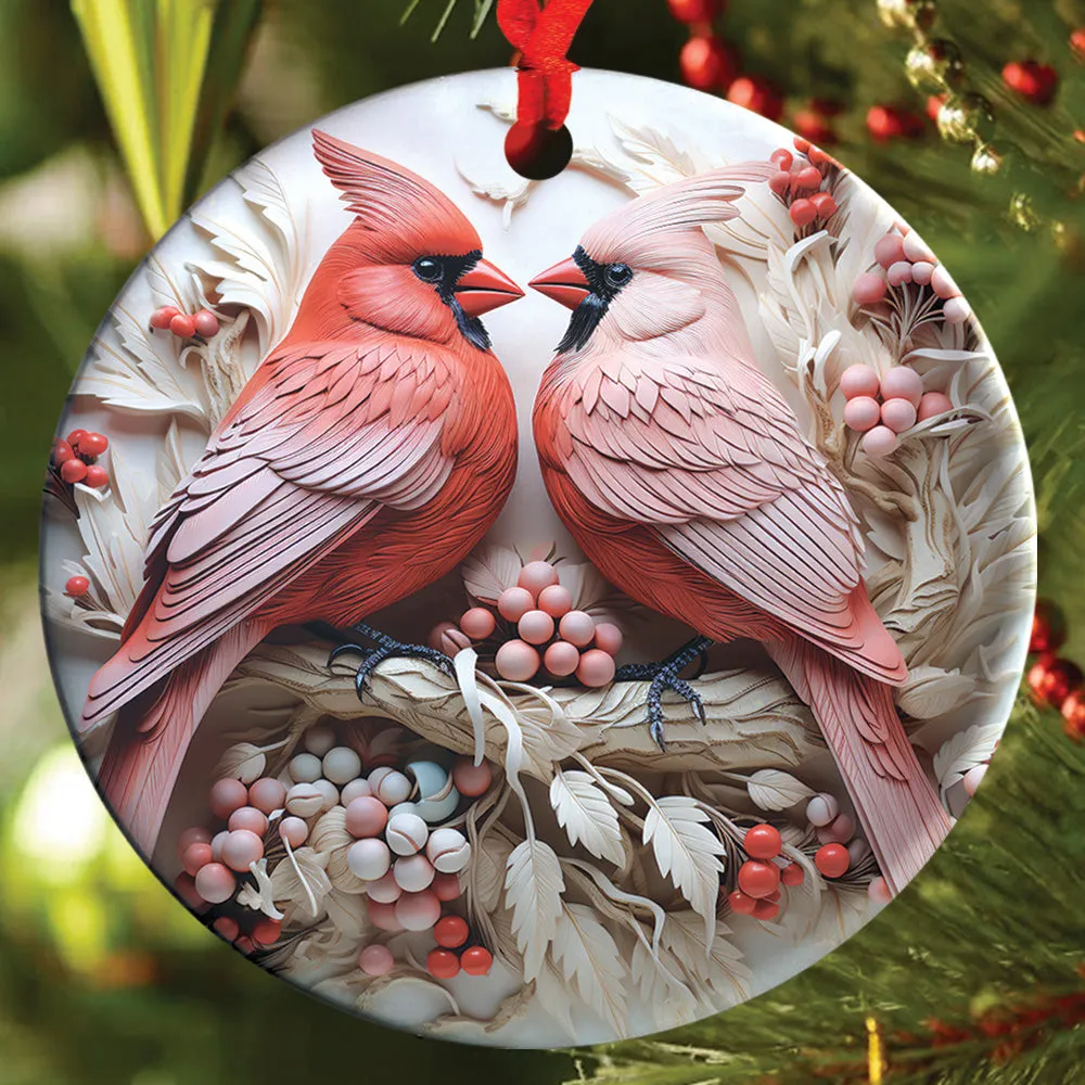 Teesdily | Christmas Cardinal Bird 2D Flat Ceramic Ornament, Couple Cardinal Bird Snowy Flower Christmas Gift, Xmas Ornament