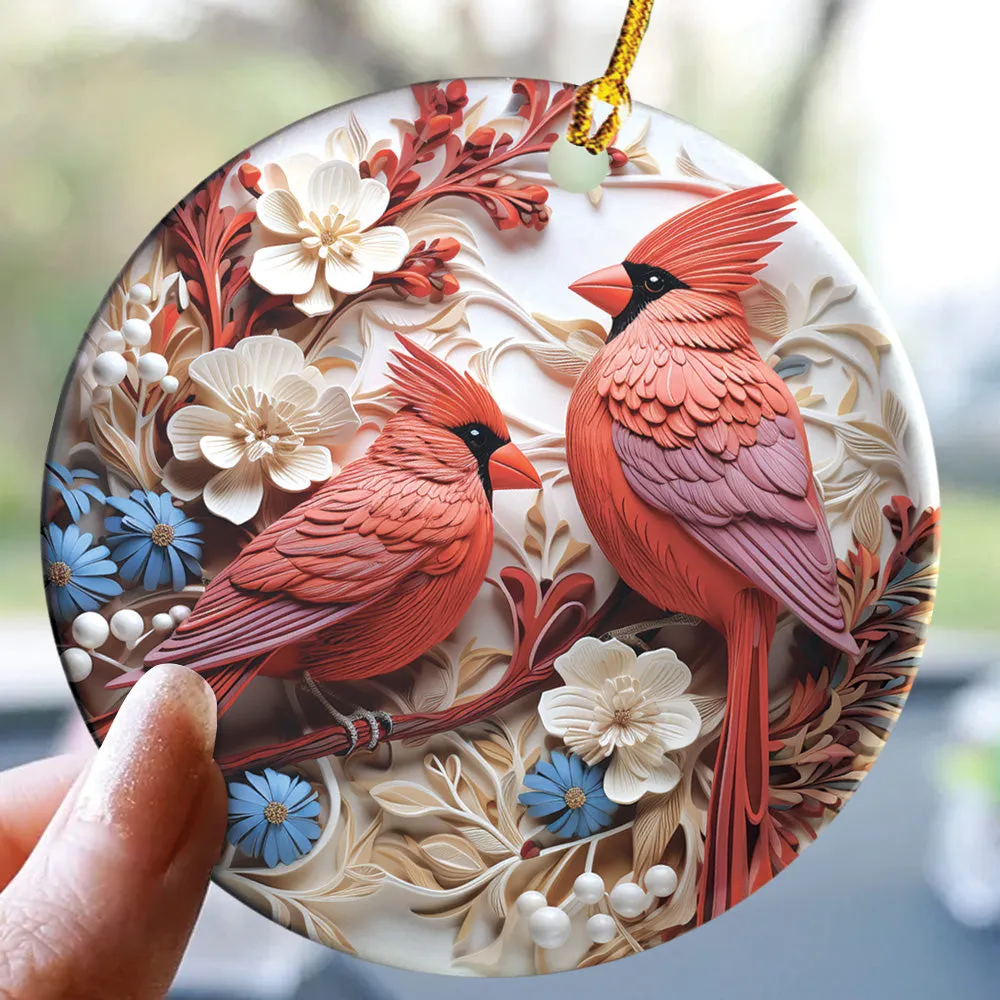 Teesdily | Christmas Cardinal Bird 2D Flat Ceramic Ornament, Couple Cardinal Bird Snowy Flower Christmas Gift, Xmas Ornament