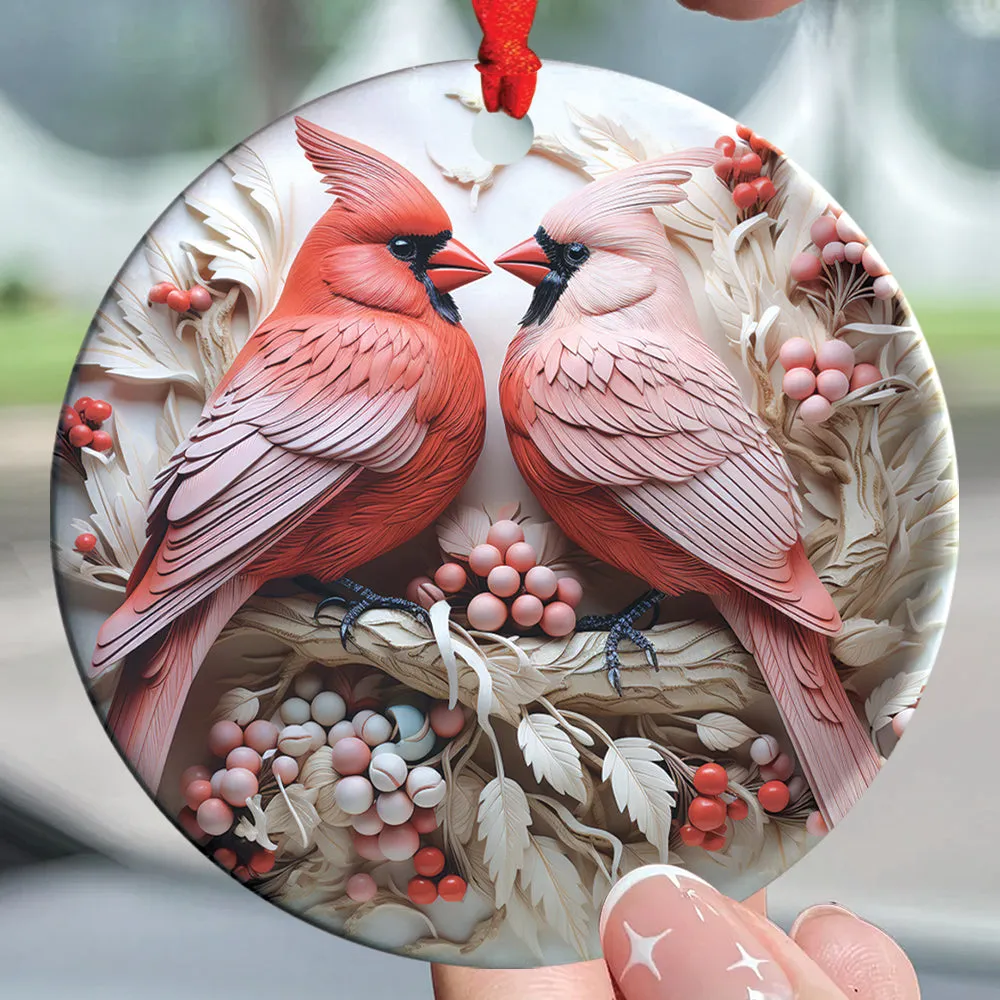 Teesdily | Christmas Cardinal Bird 2D Flat Ceramic Ornament, Couple Cardinal Bird Snowy Flower Christmas Gift, Xmas Ornament