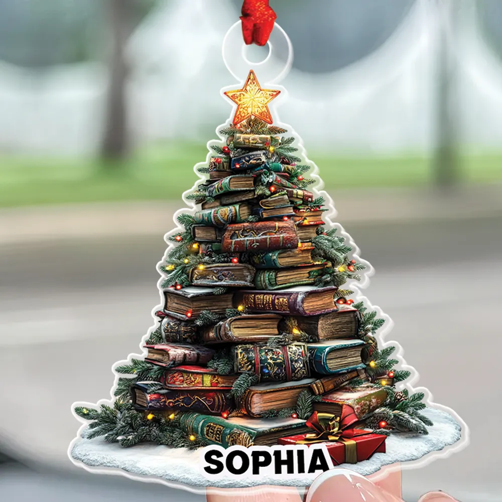 Teesdily | Customized Christmas Book Tree Name Ornament, Bookish Ornament, Book Club Bookworm Ornament, Librarian Book Lover Gift