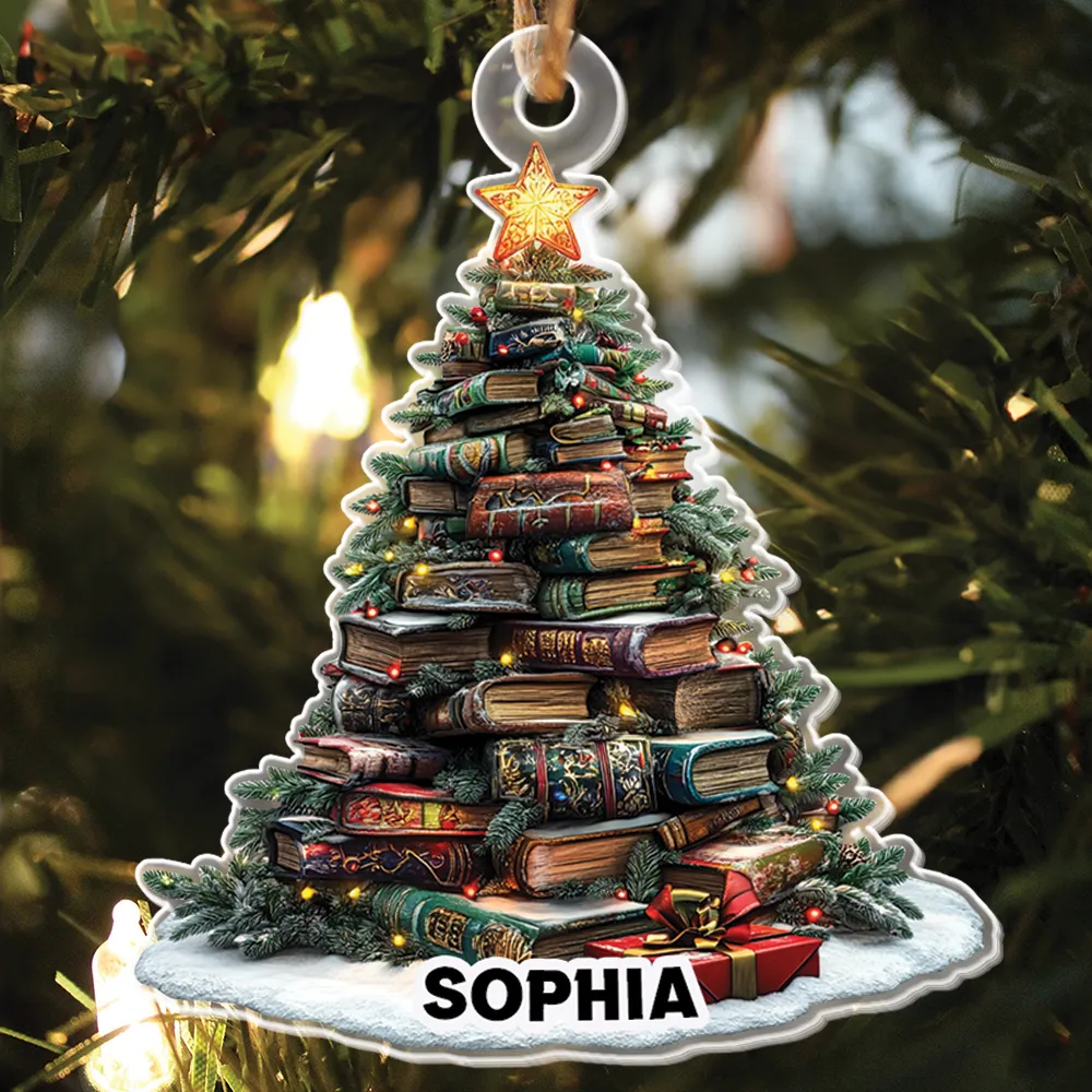 Teesdily | Customized Christmas Book Tree Name Ornament, Bookish Ornament, Book Club Bookworm Ornament, Librarian Book Lover Gift