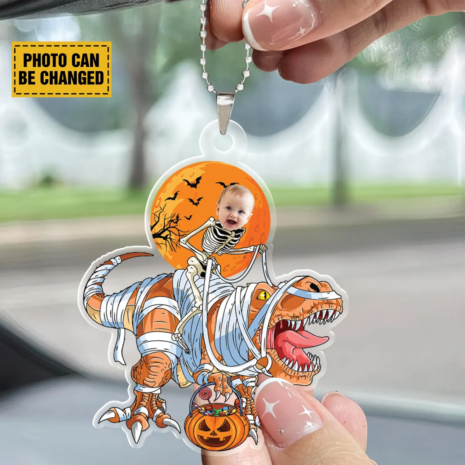 Teesdily | Customized Dinosaur Skeleton Ornament Halloween, Happy Halloween Party Rex Pumpkin Car Hanging Ornament, Trick Or Treat, Halloween Gift