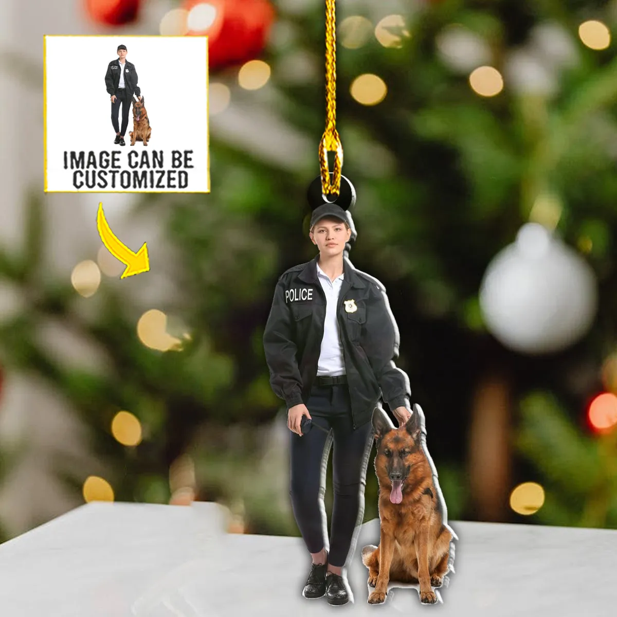 Teesdily | Customized Image Police Dog Ornament Policeman Police Dog Trainer Gift Christmas Tree Decoration Custom Photo Ornament Two Sided