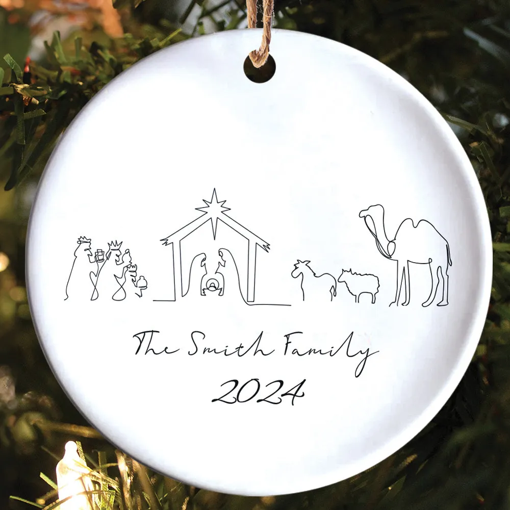 Teesdily | Customized Jesus Nativity Drawing Ceramic Ornament, Continous Line Drawing Jesus Holy Night Christmas Ornament Gift