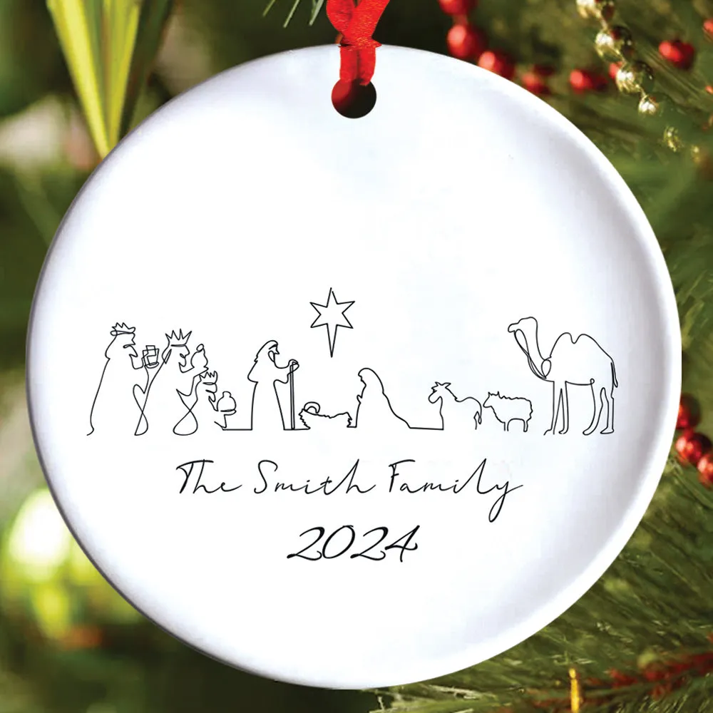 Teesdily | Customized Jesus Nativity Drawing Ceramic Ornament, Continous Line Drawing Jesus Holy Night Christmas Ornament Gift