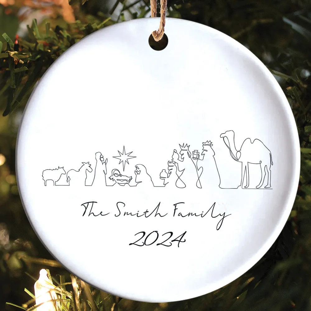 Teesdily | Customized Jesus Nativity Drawing Ceramic Ornament, Continous Line Drawing Jesus Holy Night Christmas Ornament Gift