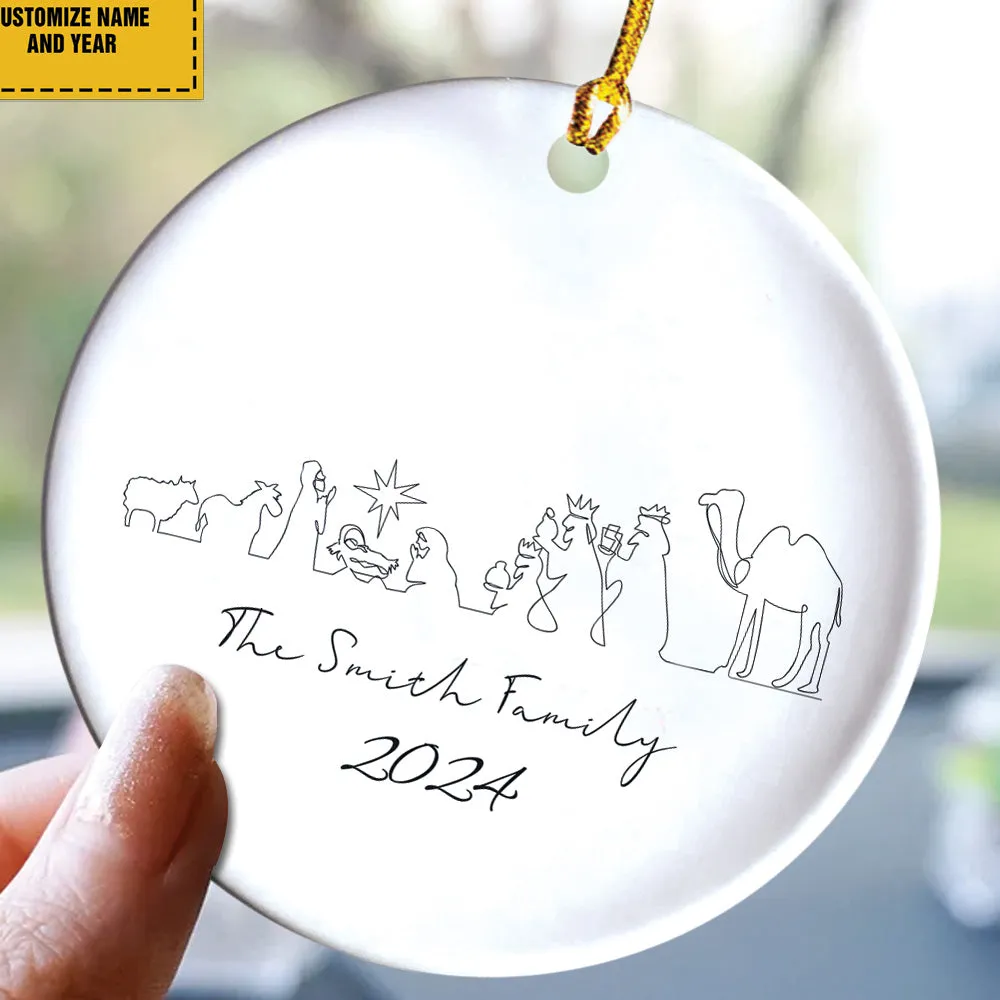 Teesdily | Customized Jesus Nativity Drawing Ceramic Ornament, Continous Line Drawing Jesus Holy Night Christmas Ornament Gift