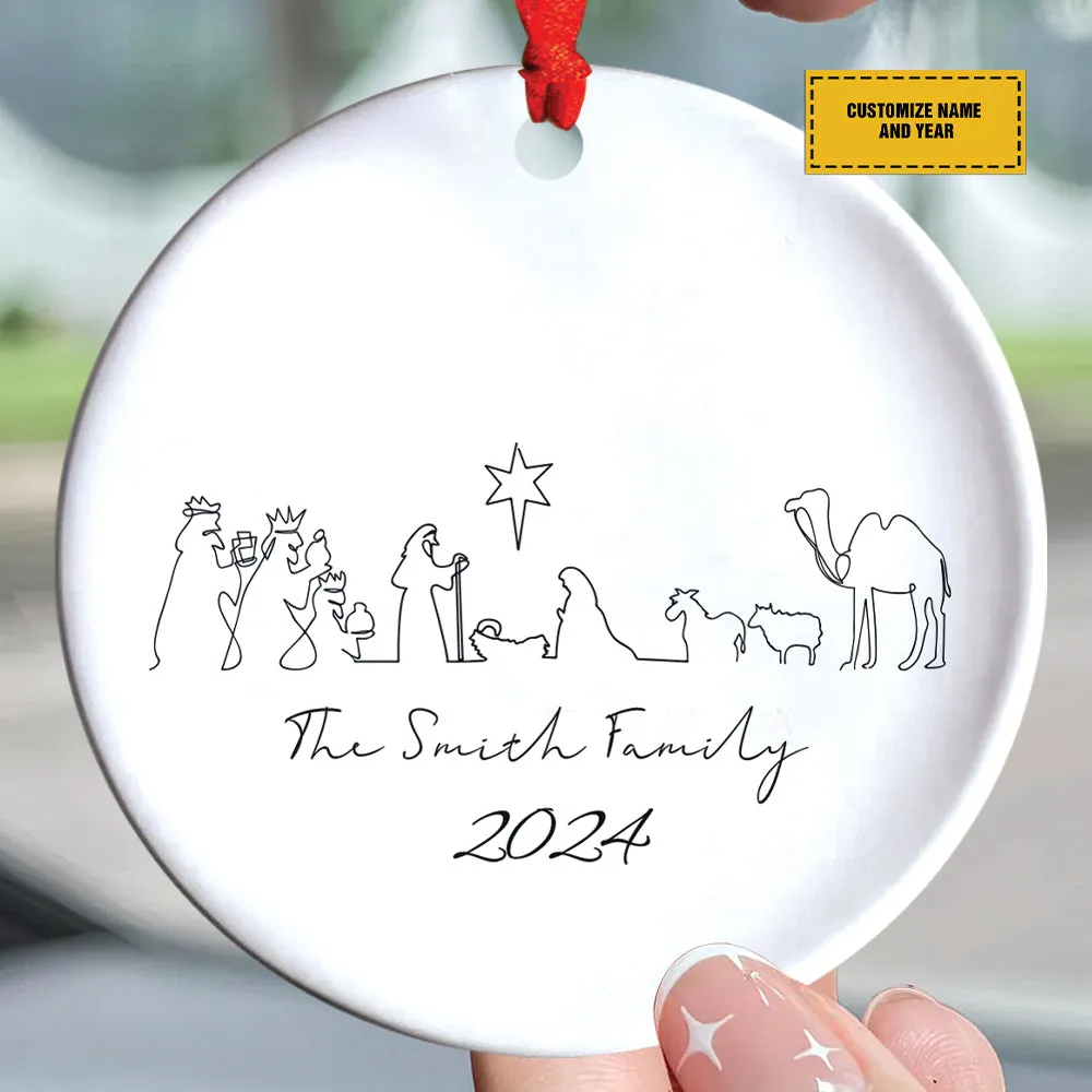 Teesdily | Customized Jesus Nativity Drawing Ceramic Ornament, Continous Line Drawing Jesus Holy Night Christmas Ornament Gift