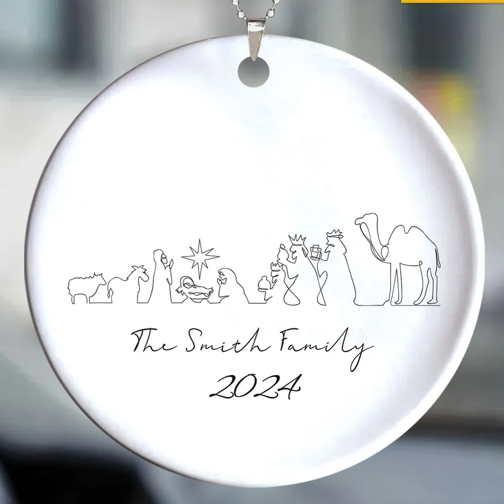 Teesdily | Customized Jesus Nativity Drawing Ceramic Ornament, Continous Line Drawing Jesus Holy Night Christmas Ornament Gift