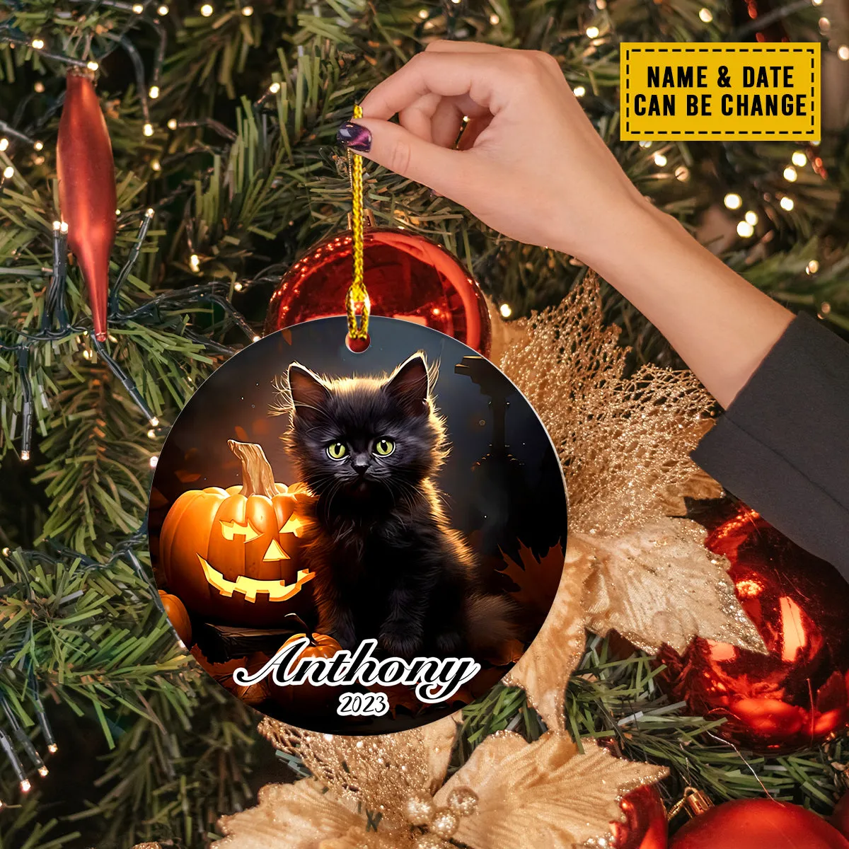 Teesdily | Customized Name Black Cat Halloween Ornament Cat Pumpkin Ornament Halloween Gift Idea For Cat Owners Cat Lovers