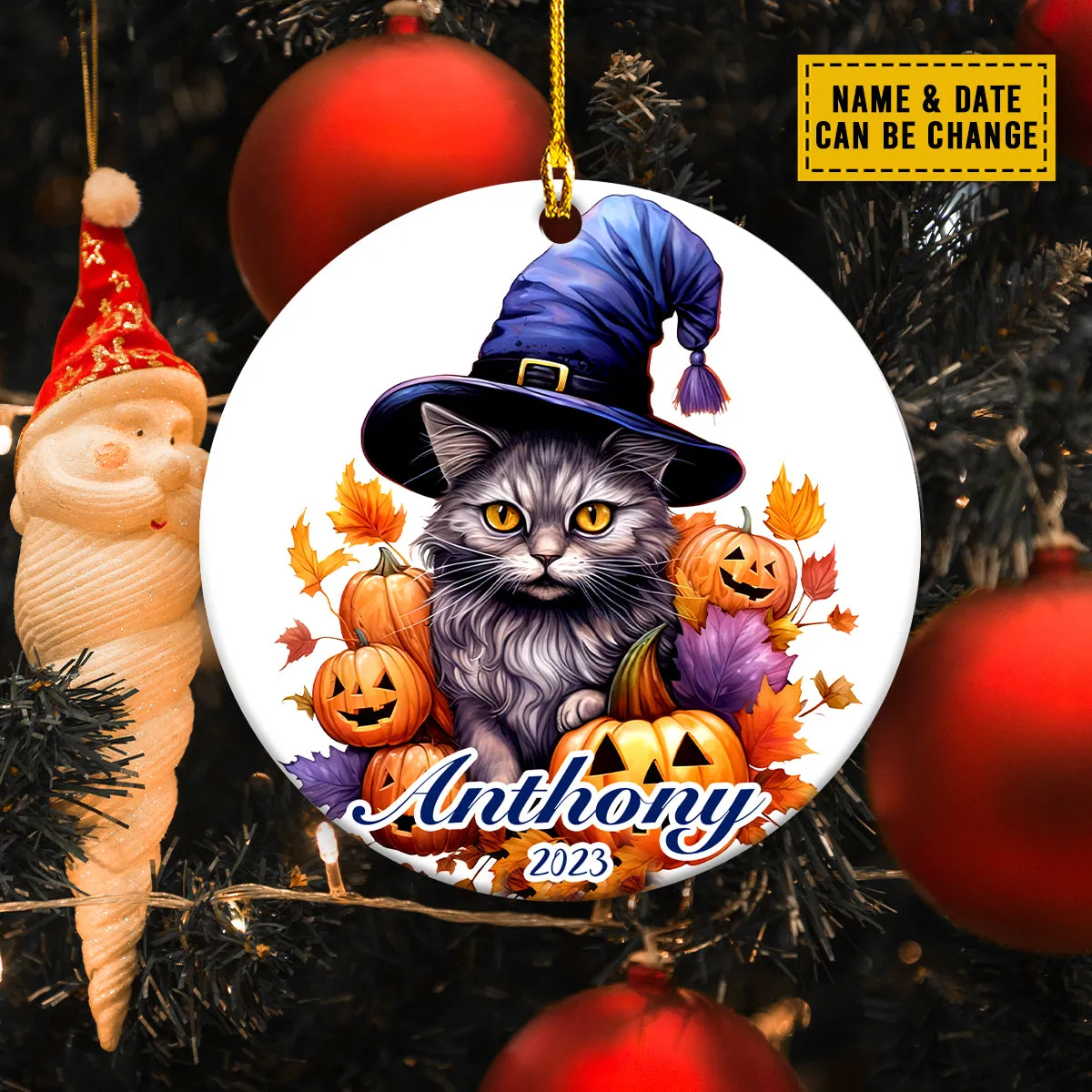 Teesdily | Customized Name Cat Witch Pumpkin Halloween Ornament Halloween Decoration Cat Lover Halloween Gift Fun Car Decoration