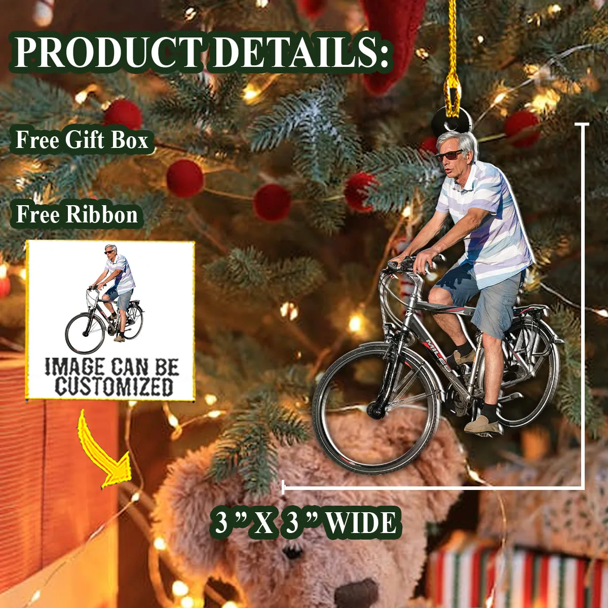 Teesdily | Customized Old Man Cycling Christmas Ornament Grandpa Gift Hanging Ornament Cyclist Gift Home Decoration Custom Photo Ornament Two Sided